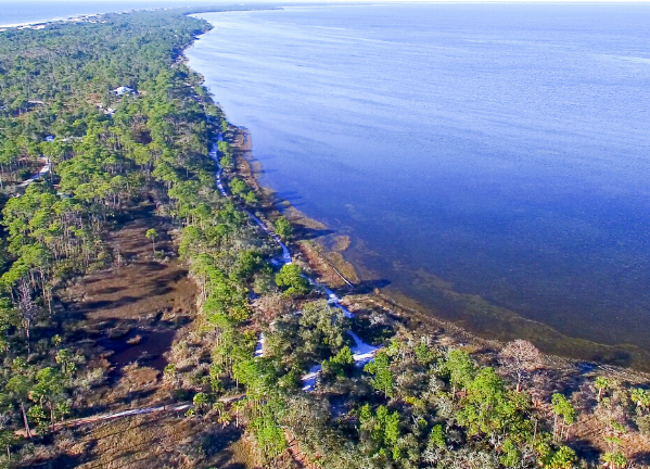 Aerial view over Fort De Soto Park with landscape and water views on a sunny day