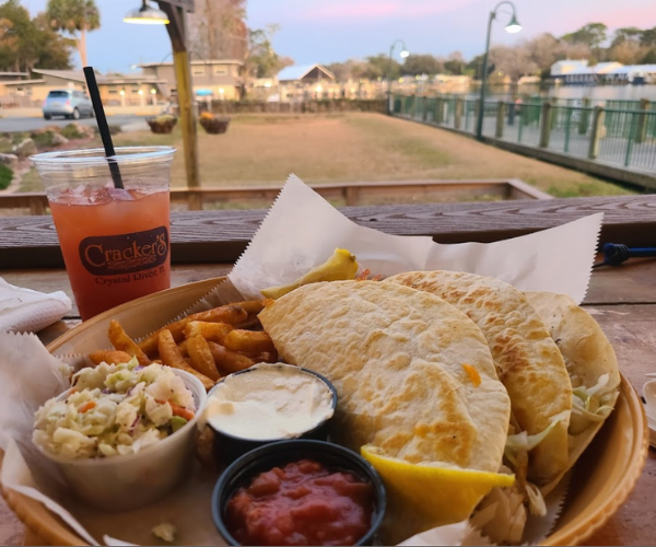 Crackers Bar and Grill Tacos and Fries on plate